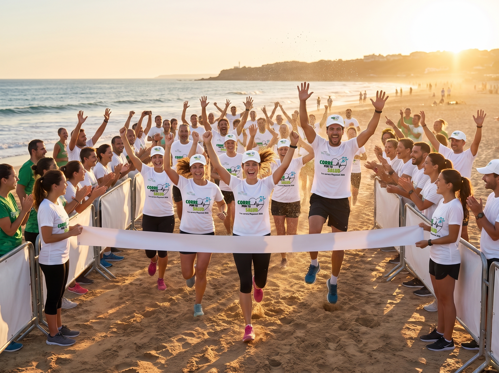 Corredores celebrando en la meta con la playera oficial