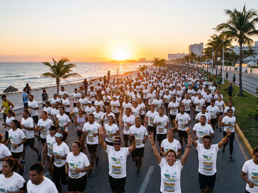 Corredores en el malecón de Cancún al amanecer con la playera oficial